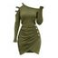 Streetwear Dress Solid Color Skew Neck Cut Out Mock Button Ruched Asymmetrical Bodycon Dress - Vert Armée XXL | US 14