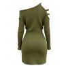 Streetwear Dress Solid Color Skew Neck Cut Out Mock Button Ruched Asymmetrical Bodycon Dress - Vert Armée XXL | US 14