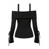 Daily Women Outfit Solid Color Bucket Strap Foldover Cold Shoulder Lace Up Sleeve Top and Grommet Chain Embellishment Skinny Pants Set - Noir S | US 4