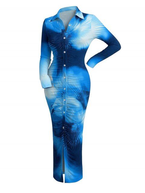 Vacation Shirt Dress Ombre Palm Leaf Print Turn Down Collar Ruched Bodycon Dress