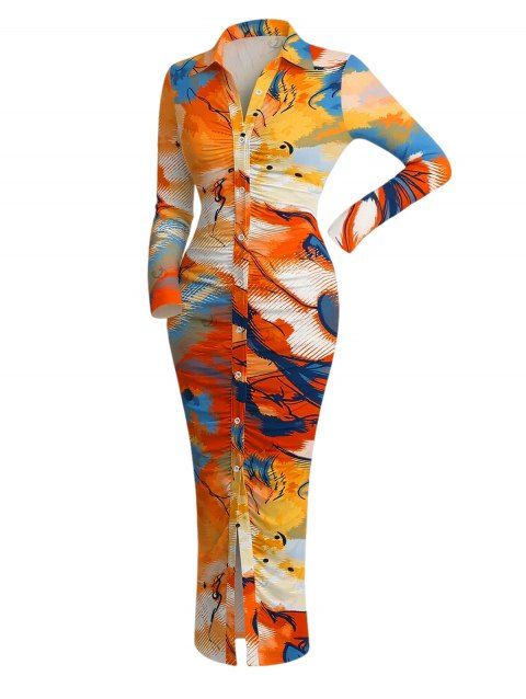 Vacation Shirt Dress Abstract Graffiti Print Turn Down Collar Ruched Bodycon Dress