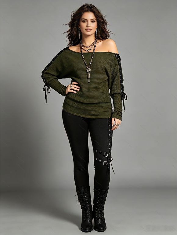 Women Outfit Lace Up Solid Color Textured Skew Neck Top and Leggings Set - ARMY GREEN S | US 4