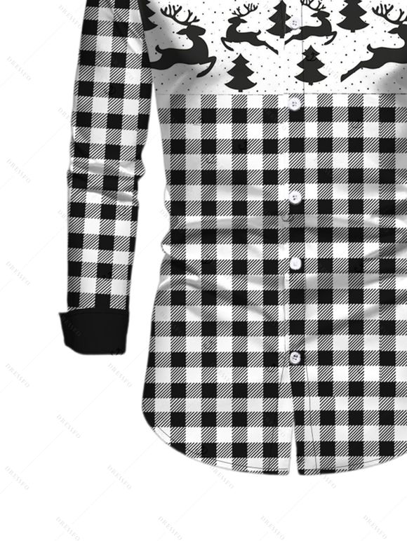 Men's Christmas Shirt Vintage Plaid Elk Christmas Tree Print Button Up Long Sleeve Shirt - Noir L