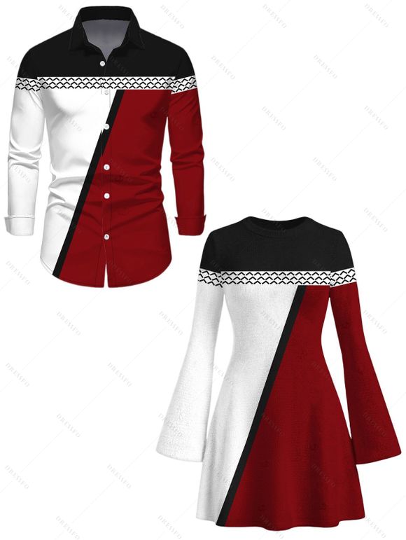 Ethnic Couple Outfit Colorblock Geometric Print Bell Sleeve A Line Mini Sweater Dress and Long Sleeve Shirt Set - multicolor A S | US 4