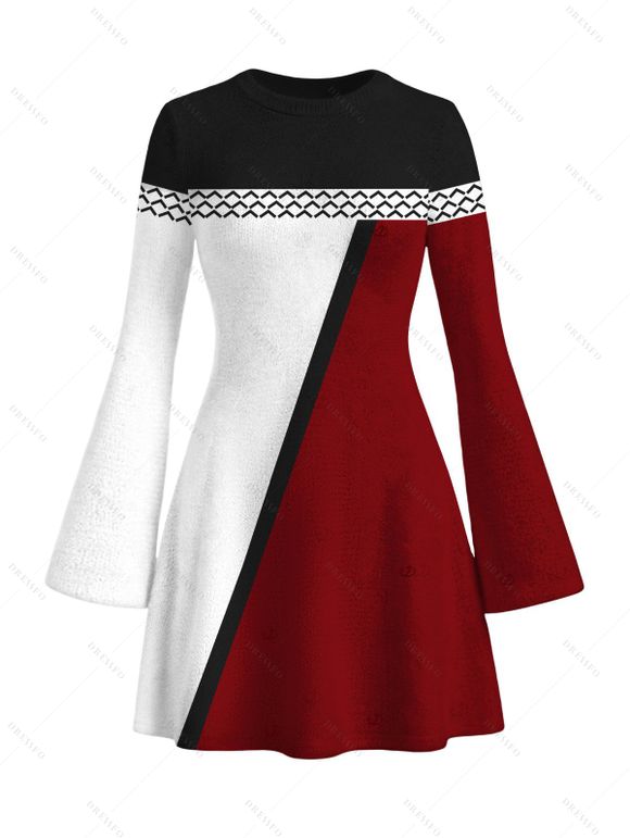 Ethnic Couple Outfit Colorblock Geometric Print Bell Sleeve A Line Mini Sweater Dress and Long Sleeve Shirt Set - multicolor A S | US 4