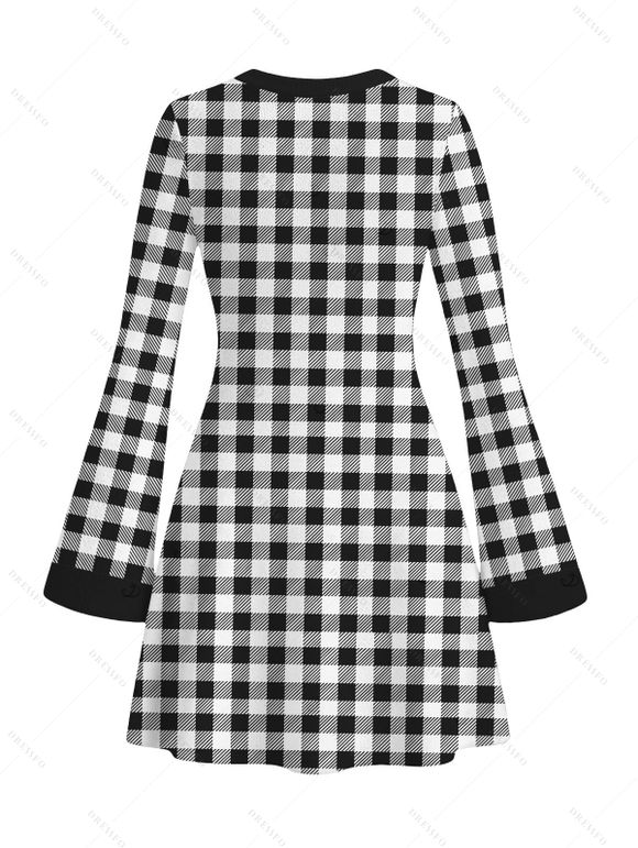 Christmas Sweater Dress Vintage Plaid Elk Christmas Tree Print Bell Sleeve A Line Mini Dress - Noir S | US 4