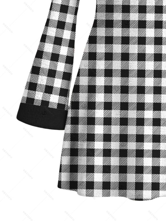 Christmas Sweater Dress Vintage Plaid Elk Christmas Tree Print Bell Sleeve A Line Mini Dress - Noir S | US 4