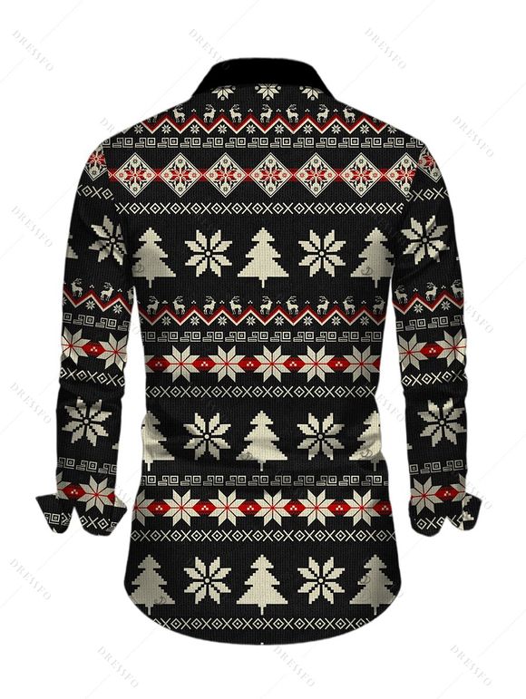 Men's Christmas Shirt Fair Isle Jacquard Christmas Tree Snowflake Print Button Up Long Sleeve Shirt - Noir S