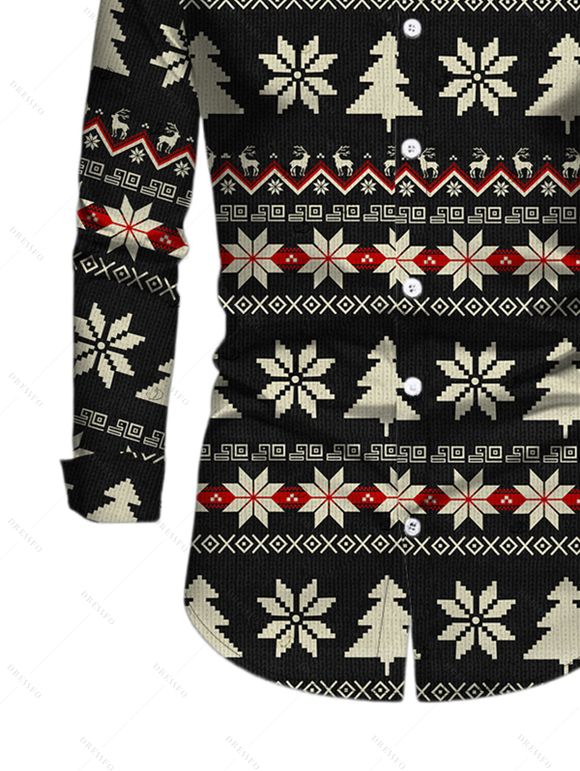 Men's Christmas Shirt Fair Isle Jacquard Christmas Tree Snowflake Print Button Up Long Sleeve Shirt - Noir S