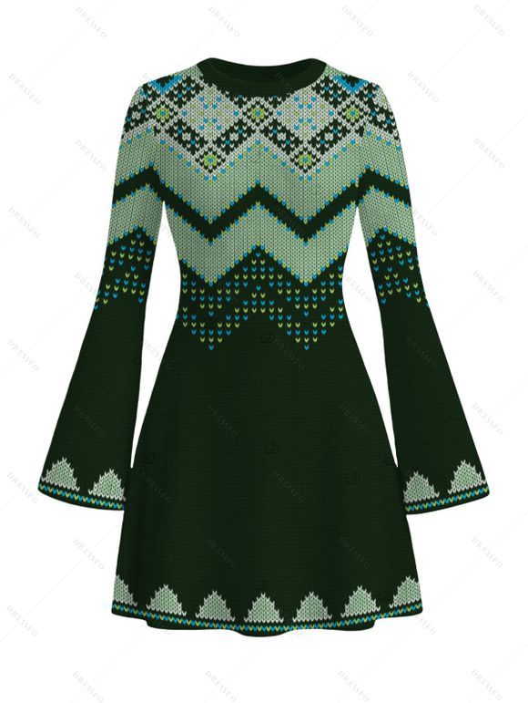 Ethnic Christmas Sweater Dress Vintage Nordic Fair Isle Jacquard Zig Zag Print Bell Sleeve Dress - Vert profond S | US 4