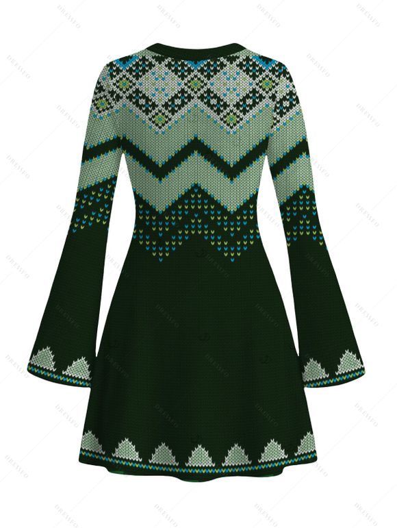 Ethnic Christmas Sweater Dress Vintage Nordic Fair Isle Jacquard Zig Zag Print Bell Sleeve Dress - Vert profond S | US 4