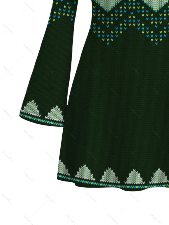 Ethnic Christmas Sweater Dress Vintage Nordic Fair Isle Jacquard Zig Zag Print Bell Sleeve Dress - Vert profond S | US 4