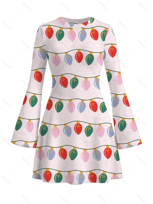 Christmas Sweater Dress String Lights Print Bell Sleeve A Line Mini Dress - Rose XXL | US 14