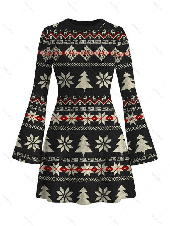 Christmas Sweater Dress Fair Isle Jacquard Christmas Tree Snowflake Print Bell Sleeve A Line Mini Dress - Noir S | US 4