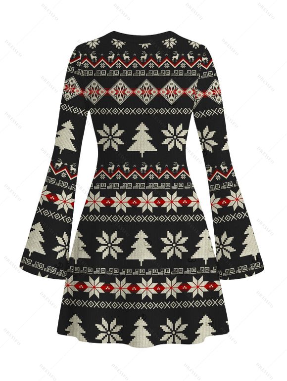Christmas Sweater Dress Fair Isle Jacquard Christmas Tree Snowflake Print Bell Sleeve A Line Mini Dress - Noir S | US 4
