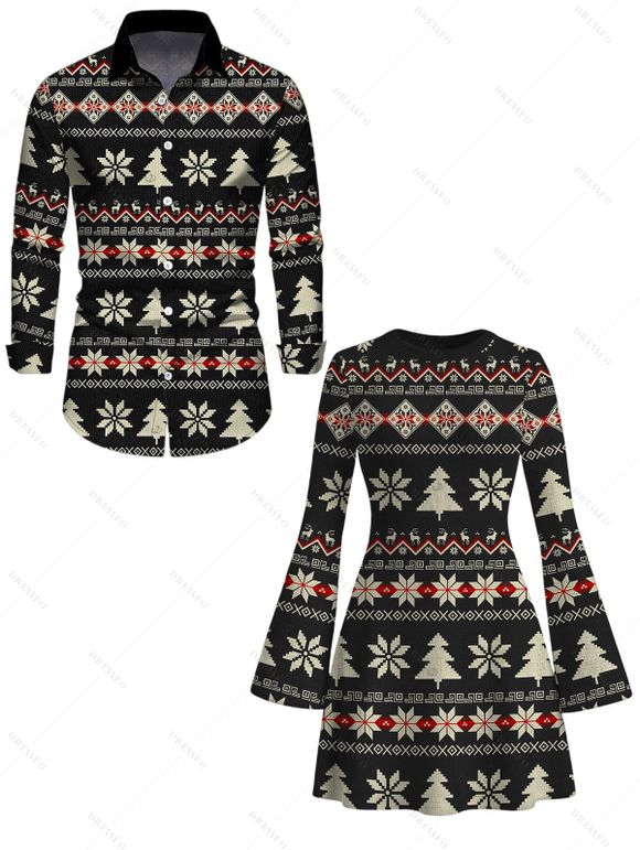 Christmas Couple Outfit Fair Isle Jacquard Christmas Tree Snowflake Print Bell Sleeve A Line Mini Sweater Dress and Long Sleeve Shirt Set - Noir S | US 4