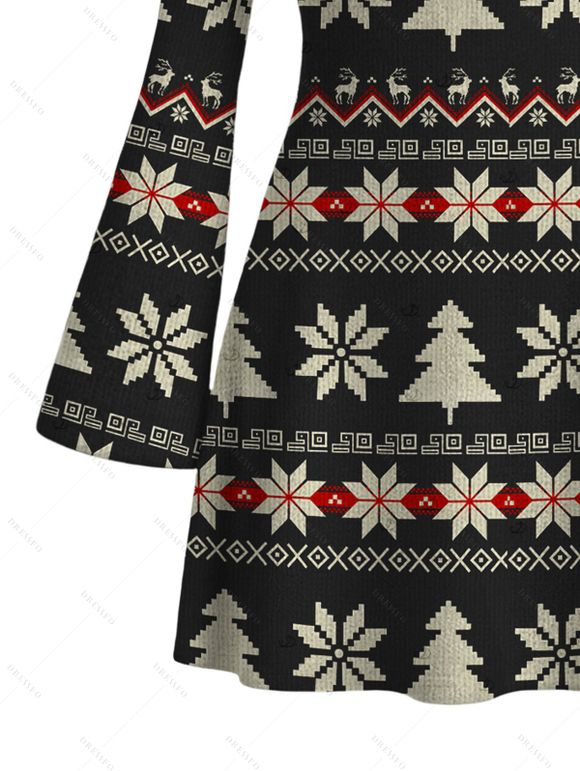 Christmas Sweater Dress Fair Isle Jacquard Christmas Tree Snowflake Print Bell Sleeve A Line Mini Dress - Noir S | US 4