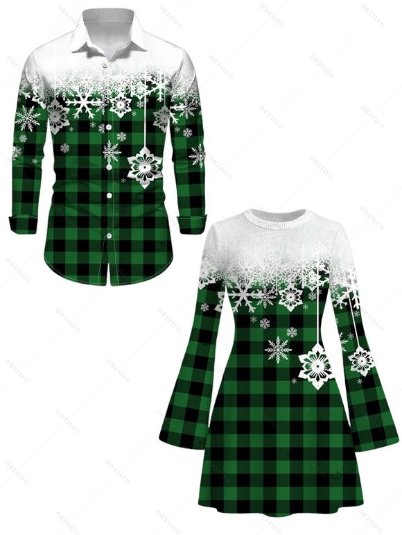 Christmas Couple Outfit Colorblock Plaid Snowflake Print Bell Sleeve A Line Mini Sweater Dress and Long Sleeve Shirt Set - Vert profond S | US 4
