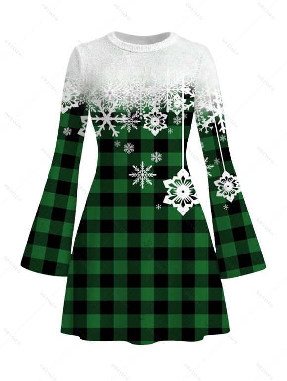 Christmas Couple Outfit Colorblock Plaid Snowflake Print Bell Sleeve A Line Mini Sweater Dress and Long Sleeve Shirt Set - Vert profond S | US 4