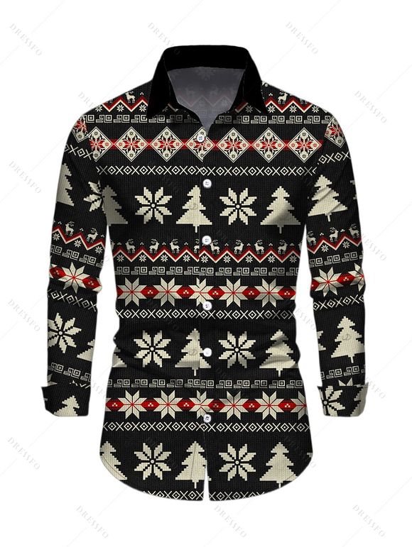 Christmas Couple Outfit Fair Isle Jacquard Christmas Tree Snowflake Print Bell Sleeve A Line Mini Sweater Dress and Long Sleeve Shirt Set - Noir S | US 4