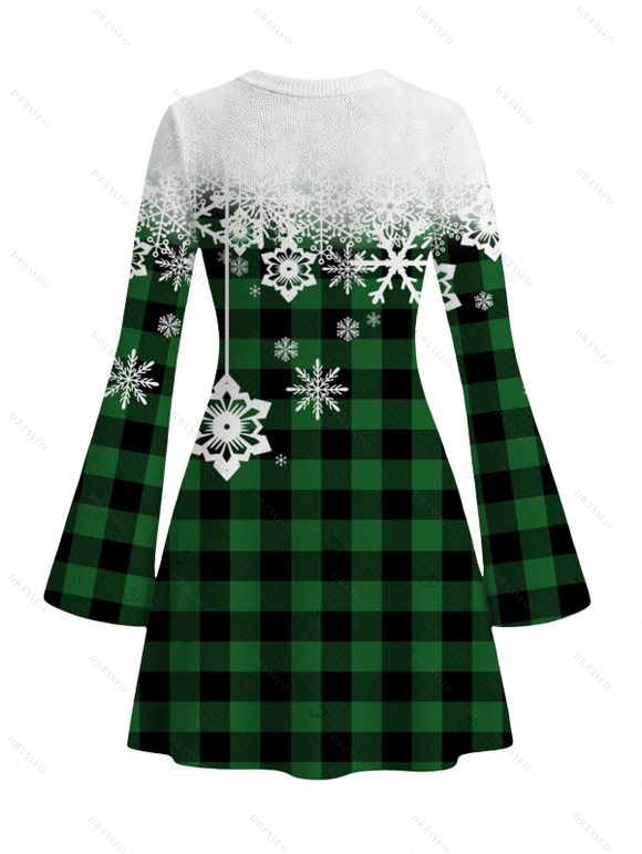 Christmas Couple Outfit Colorblock Plaid Snowflake Print Bell Sleeve A Line Mini Sweater Dress and Long Sleeve Shirt Set - Vert profond S | US 4