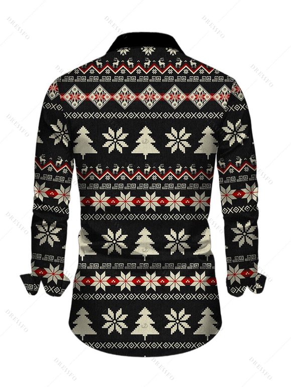 Christmas Couple Outfit Fair Isle Jacquard Christmas Tree Snowflake Print Bell Sleeve A Line Mini Sweater Dress and Long Sleeve Shirt Set - Noir S | US 4