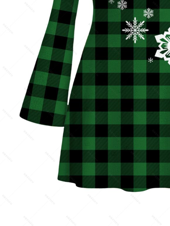 Christmas Couple Outfit Colorblock Plaid Snowflake Print Bell Sleeve A Line Mini Sweater Dress and Long Sleeve Shirt Set - Vert profond S | US 4