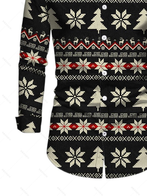 Christmas Couple Outfit Fair Isle Jacquard Christmas Tree Snowflake Print Bell Sleeve A Line Mini Sweater Dress and Long Sleeve Shirt Set - Noir S | US 4