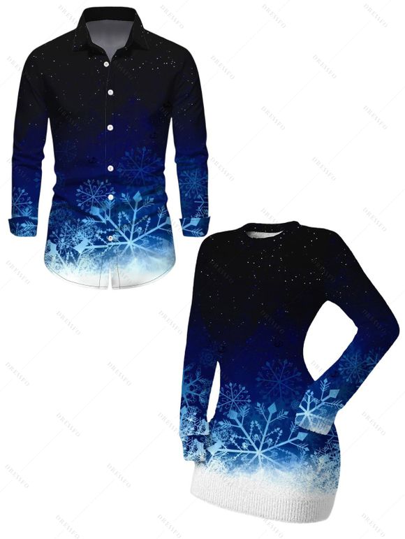 Christmas Couple Outfit Ombre Galaxy Snowflake Print Bodycon Mini Sweater Dress and Long Sleeve Shirt Set - Noir S | US 4
