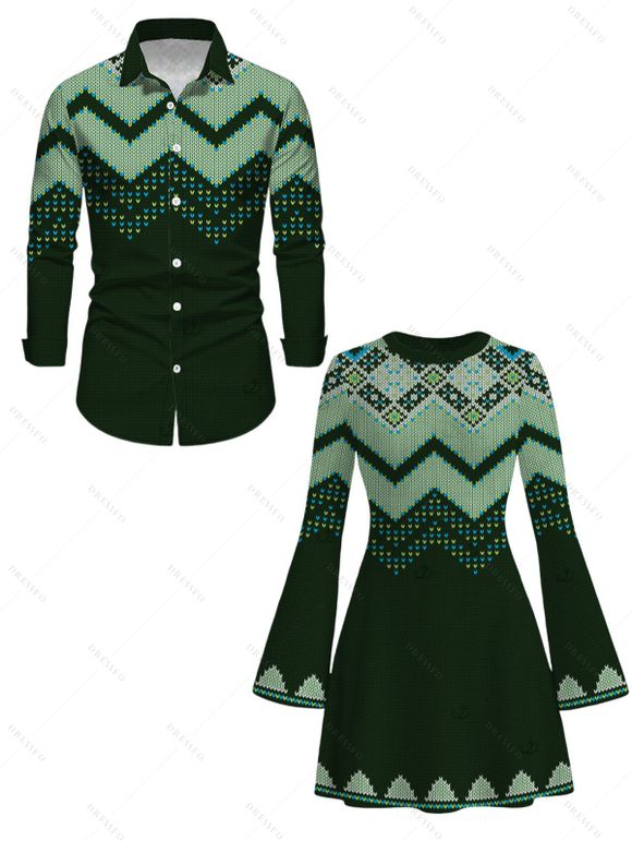 Ethnic Christmas Couple Outfit Vintage Nordic Fair Isle Jacquard Zig Zag Print Bell Sleeve Sweater Dress and Long Sleeve Shirt Set - Vert profond S | US 4