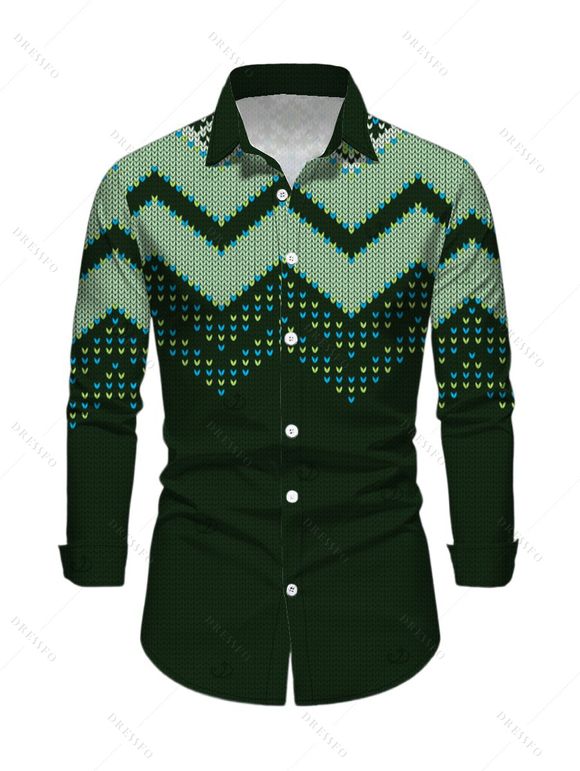 Ethnic Christmas Couple Outfit Vintage Nordic Fair Isle Jacquard Zig Zag Print Bell Sleeve Sweater Dress and Long Sleeve Shirt Set - Vert profond S | US 4