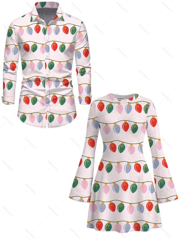 Christmas Couple Outfit String Lights Print Bell Sleeve A Line Mini Sweater Dress and Long Sleeve Shirt Set - Rose S | US 4