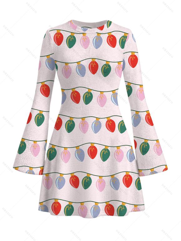Christmas Couple Outfit String Lights Print Bell Sleeve A Line Mini Sweater Dress and Long Sleeve Shirt Set - Rose S | US 4