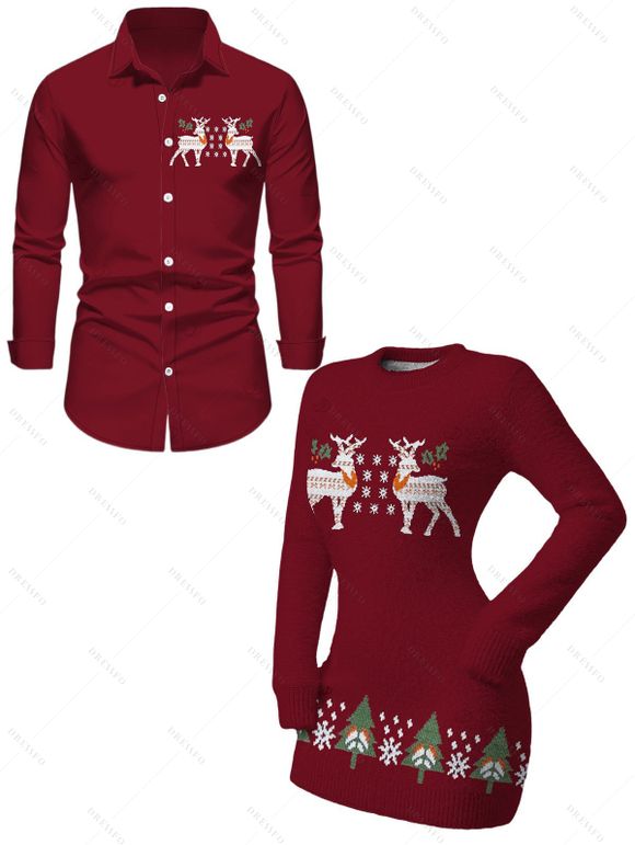 Christmas Couple Outfit Elk Snowflake Christmas Tree Print Bodycon Mini Sweater Dress and Long Sleeve Shirt Set - Rouge Vineux S | US 4