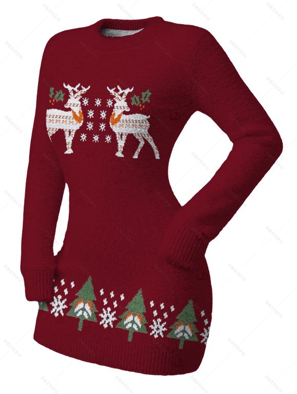 Christmas Couple Outfit Elk Snowflake Christmas Tree Print Bodycon Mini Sweater Dress and Long Sleeve Shirt Set - Rouge Vineux S | US 4
