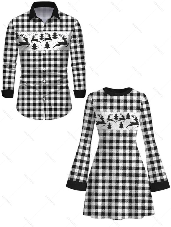 Christmas Couple Outfit Vintage Plaid Elk Christmas Tree Print Bell Sleeve A Line Mini Sweater Dress and Long Sleeve Shirt Set - Noir S | US 4