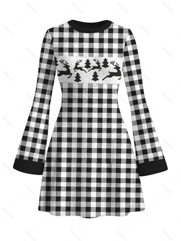 Christmas Couple Outfit Vintage Plaid Elk Christmas Tree Print Bell Sleeve A Line Mini Sweater Dress and Long Sleeve Shirt Set - Noir S | US 4