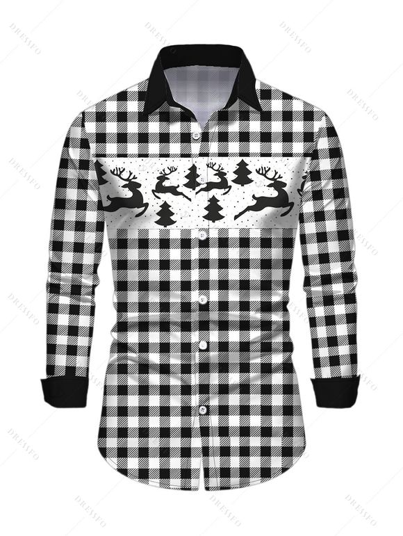 Christmas Couple Outfit Vintage Plaid Elk Christmas Tree Print Bell Sleeve A Line Mini Sweater Dress and Long Sleeve Shirt Set - Noir S | US 4