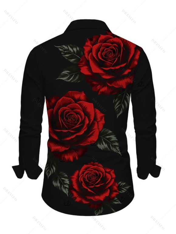 Men's Vacation Shirt Rose Floral Leaf Print Button Up Long Sleeve Shirt - Noir 5XL