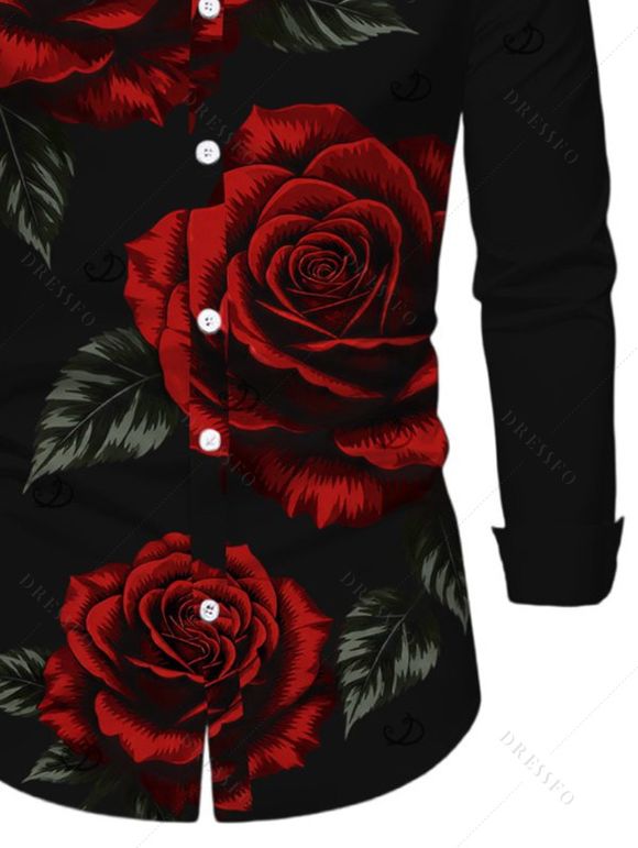 Men's Vacation Shirt Rose Floral Leaf Print Button Up Long Sleeve Shirt - Noir 5XL