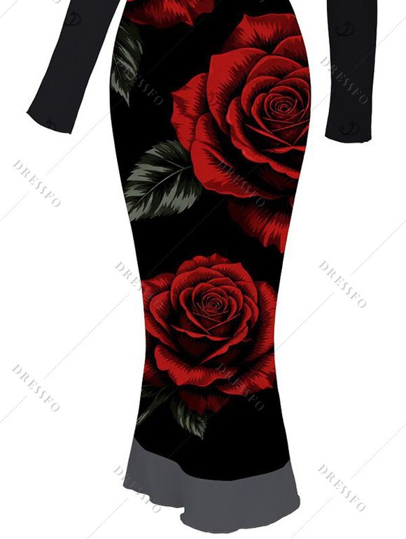 Vacation Dress Rose Floral Leaf Print Skew Neck Mesh Panel Long Sleeve Bodycon Dress - Noir S | US 4