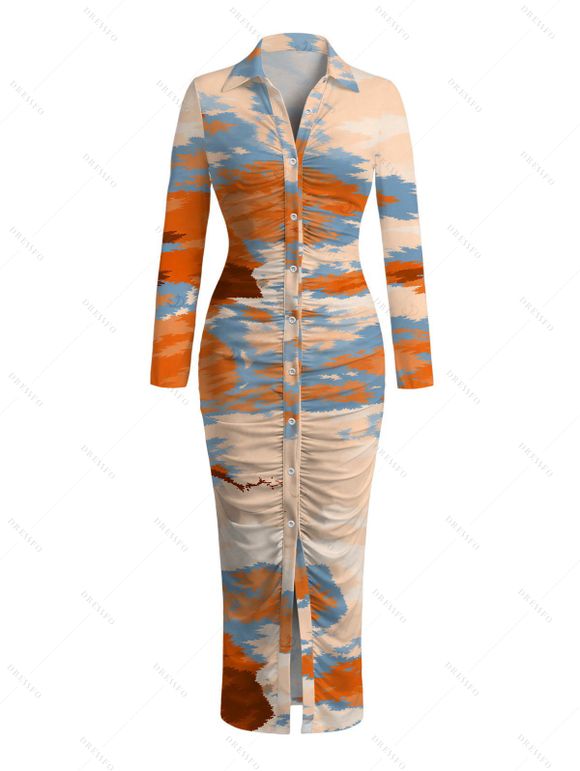 Vacation Shirt Dress Tie Dye Print Turn Down Collar Ruched Bodycon Dress - multicolor M | US 6