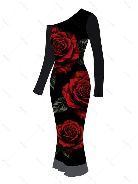 Vacation Couple Outfit Rose Floral Leaf Print Skew Neck Mesh Panel Bodycon Dress Long Sleeve Shirt Set - Noir S | US 4