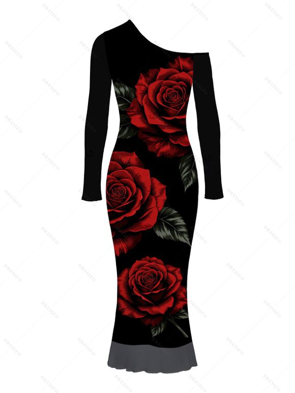 Vacation Couple Outfit Rose Floral Leaf Print Skew Neck Mesh Panel Bodycon Dress Long Sleeve Shirt Set - Noir S | US 4