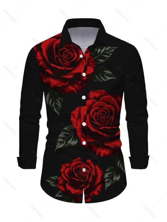 Vacation Couple Outfit Rose Floral Leaf Print Skew Neck Mesh Panel Bodycon Dress Long Sleeve Shirt Set - Noir S | US 4