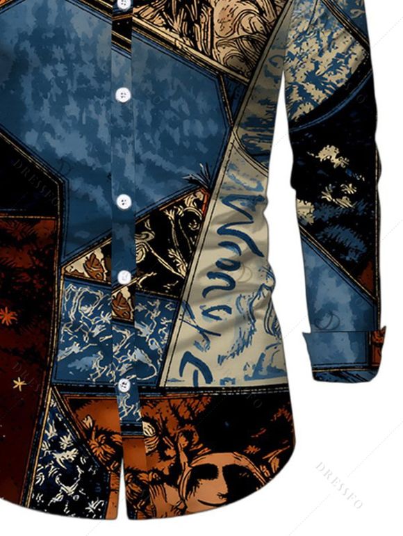 Men's Vacation Shirt Vintage Collage Poster Graphic Print Button Up Long Sleeve Shirt - multicolor 5XL