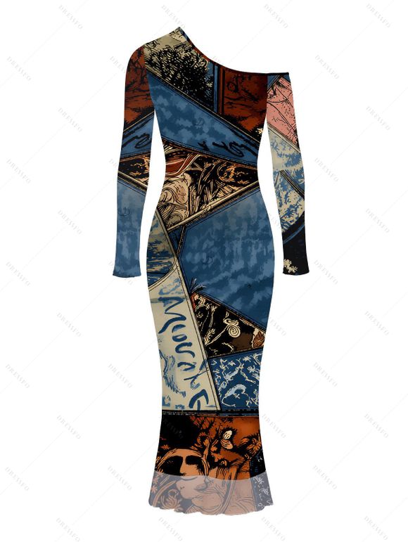 Vacation Dress Vintage Collage Poster Graphic Print Skew Neck Mesh Panel Long Sleeve Bodycon Dress - multicolor S | US 4