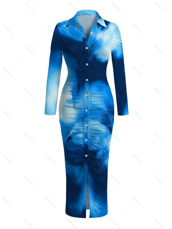 Vacation Shirt Dress Ombre Palm Leaf Print Turn Down Collar Ruched Bodycon Dress - Bleu XXL | US 14