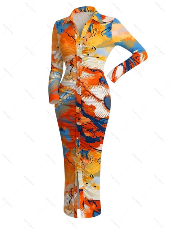Vacation Couple Outfit Abstract Graffiti Print Turn Down Collar Ruched Bodycon Shirt Dress and Long Sleeve Shirt Set - multicolor S | US 4