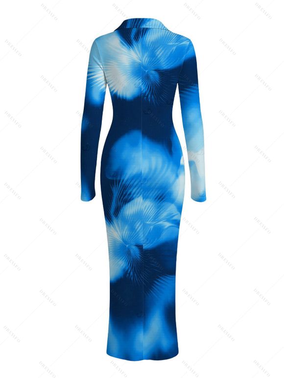 Vacation Couple Outfit Ombre Palm Leaf Print Turn Down Collar Ruched Bodycon Shirt Dress and Long Sleeve Shirt Set - Bleu S | US 4